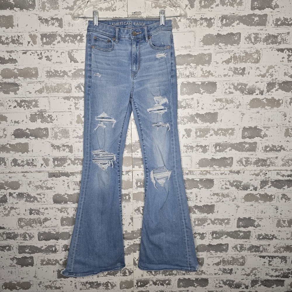 American Eagle‎ Jeans Womens 00 Regular Super Hi-Rise Flare Leg Distressed Boho